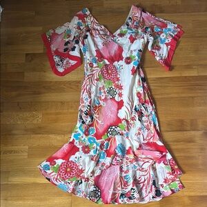 Vintage Floral V-Neck Dress with Flared Sleeves Whimsy Fairy Asian 100% Silk